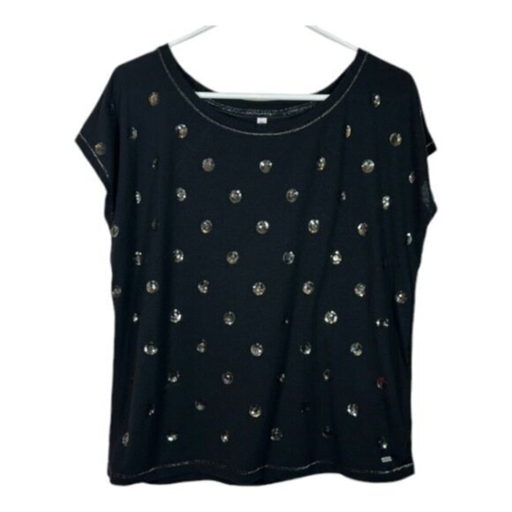 Aeropostale Black Sequin Short Sleeve Blouse Size Large GUC #2683